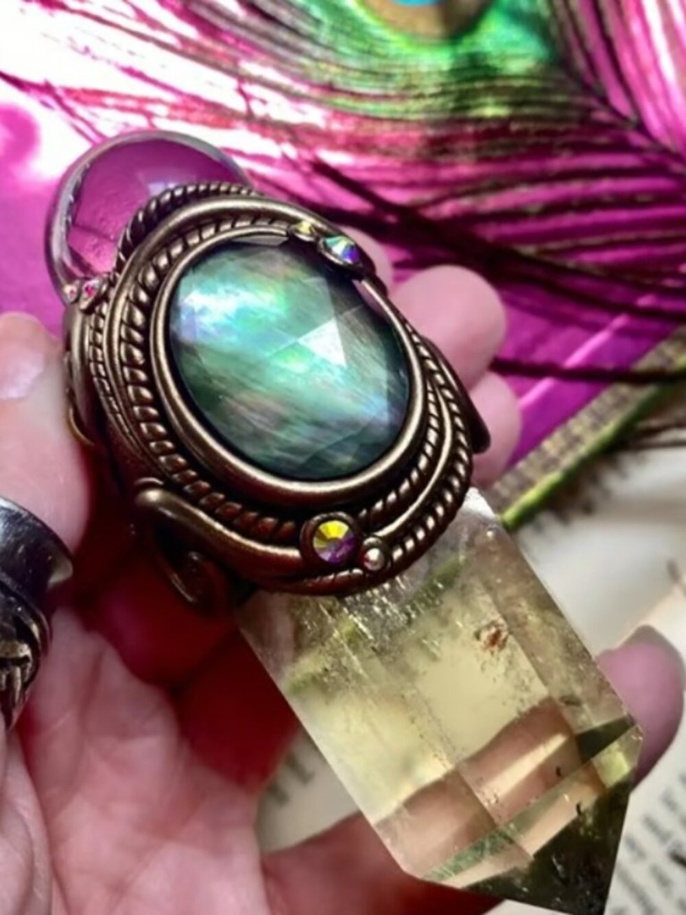 Huge Citrine, Rainbow Flash Black Mother of Pearl, Clear Quartz Sphere Pendant